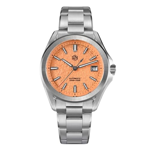 San Martin Reloj deportivo de moda Gada NH35 de 39 mm, mecánico, automático, resistente al agua, 100 m, luminoso, SN0129, Salmón, Vestido