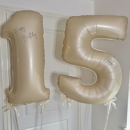 Image of Cream Number 15 Balloons,40 Inch 15 Balloons Giant Helium Foil Mylar Beige 15 Balloon Number for Birthday Party Anniversary Decorations