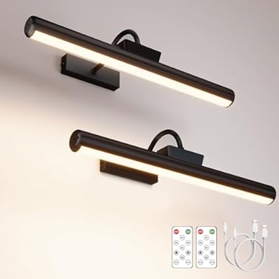 16in Wireless Picture Light with Remote, Battery Operated Picture Lights for Wall 5000mAh, 3 Color Modes and Dimmable LED Art Lighting with Timer for Painting, Frame, Gallery, Bedroom (Black-2Pack)