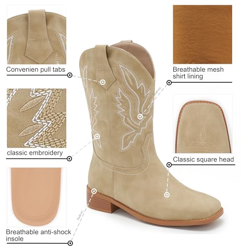 Image of Cowgirl Boots Square Toe Cowboy Boots For Women Ladies Mid Calf Low Heel Flat