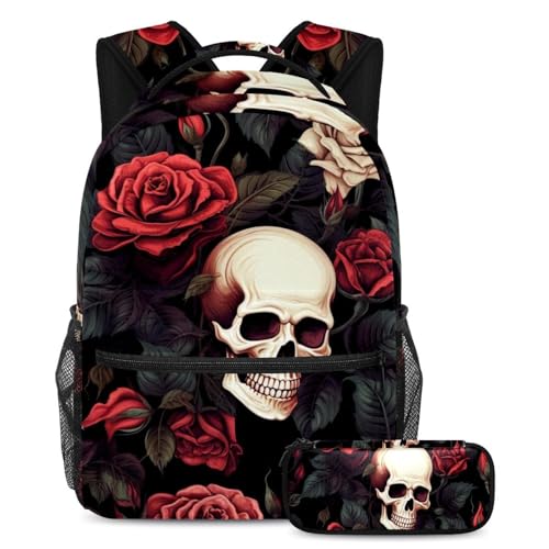 Sac à dos rose et tête de mort grand format avec sa trousse