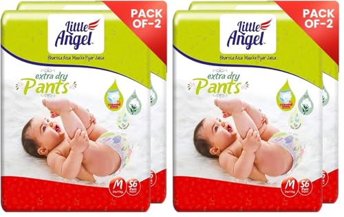 Image of Little Angel Extra Dry Baby Pants Diaper, Medium (M) Size, 112 Count, Super Absorbent Core Up to 12 Hrs Protection & Wetness Indicator, Pack of 4, 56 count /pack, Upto 5-11kg