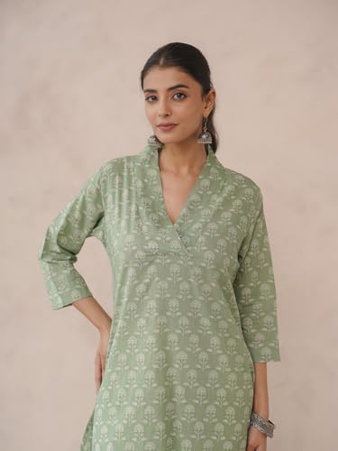 Image of GOODHAND Women Cotton Block Printed Kurta, Straight Fit Ethnic Kurti for Daily,Office & Casual Use