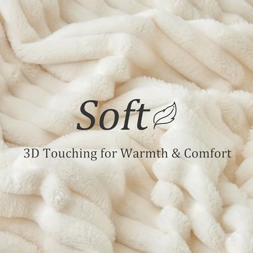 BEDELITE Fleece Throw Blanket for Couch - 300GSM Soft & Warm Fluffy Cream White Blanket, Decorative and Giftable Striped Blankets for Women, Men, 50