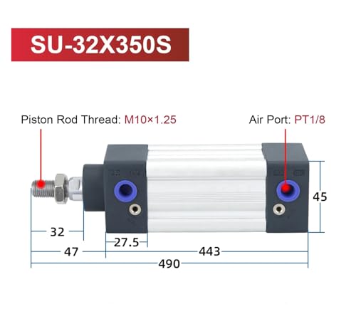 Cylindre pneumatique double effet SU-32X350S en aluminium avec course réglable - 3