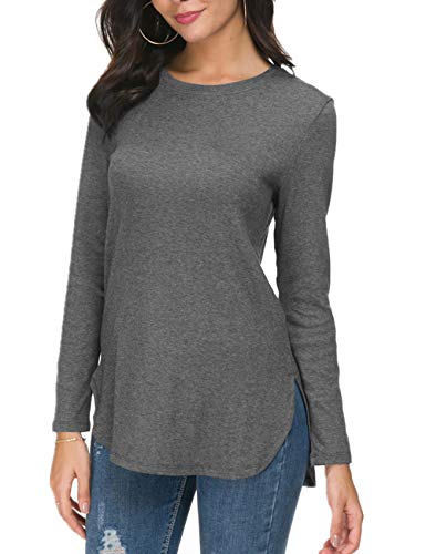 Image of Herou Women's Casual Long /Short Sleeve T Shirt Crewneck with Side Split Fall Pullover Loose Tunic Sweater Tops