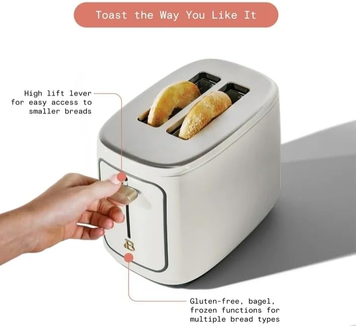 Beauti 2 Slices Toaster with Touch Activated Display, 900 W, Bagel/Frozen/Reheat Presets, Wide Slots, Easy Cleaning (White Icing)