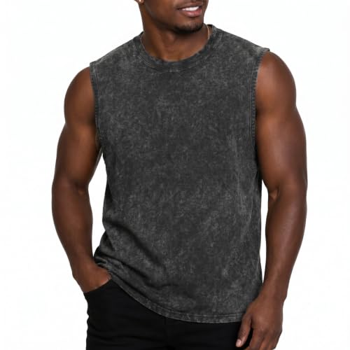 Image of Men's Sleeveless Tank Top 100% Cotton Retro Style Gym Running Vest Sports T-Shirt for Daily Wear Black