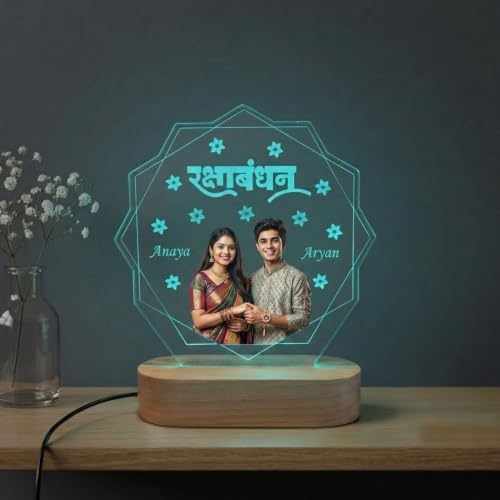 Image of Raksha Bandhan Personalized LED Table Lamp - Custom Photo Multicolor Acrylic Night Light for Brother & Sister - Name Printed Festival Gift