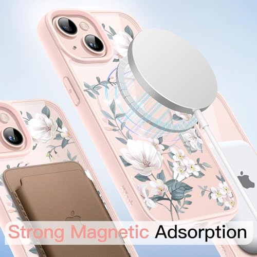 Image of VONZEE Compatible with iPhone 15 Plus Case Luxury Retro Flowers Floral Clear for Magnetic Wireless Charging Case Shockproof Case PC+TPU Cute Glossy Shiny Cover for Girls Women, 6.7'' Pink