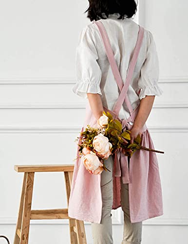 Funwaretech Cross Back Art Apron With Pockets Apron For Women Girls,Japanese Cute Cotton/Linen Cooking Gardening Painting Cleaning Florist Pottery Pinafore Apron With Waist Ties-Pink #TOP4