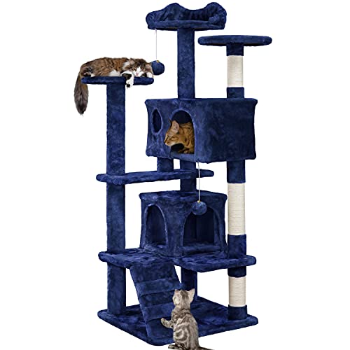 Yaheetech Tall Cat Tree Multilevel Cat Climbing Tower with 2 Condos/2 Scratching Balls/3 Scratching Posts/Ladder, Navy Blue - 138.5cm - Navy Blue