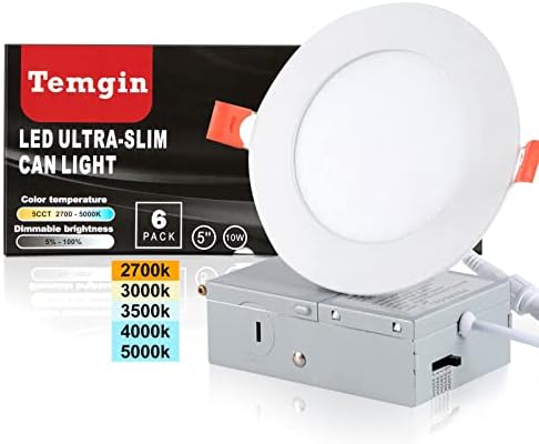 Temgin 6 Pack 5inch 5CCT Led Recessed Light with Junction Box, 2700K-5000K Selectable, 10W Eqv 70W, 800LM Dimmable Ultra Thin LED Downlight