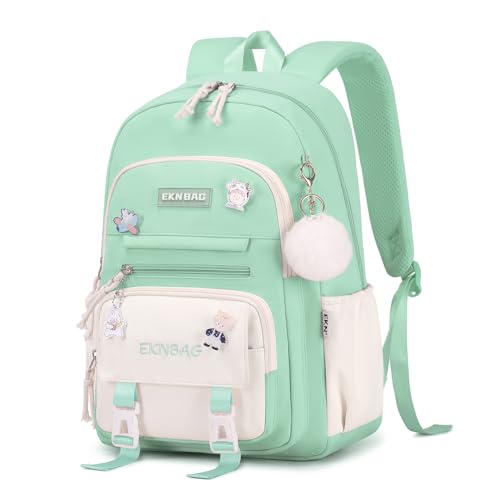 Tanou Mochilas Escolares Niña, 20 Litros Mochila Colegio Niña con Colgante de 8 a 12 Años, Ligera e Impermeable Mochila Kawaii Escolar de Nailon para Niñas, Verde