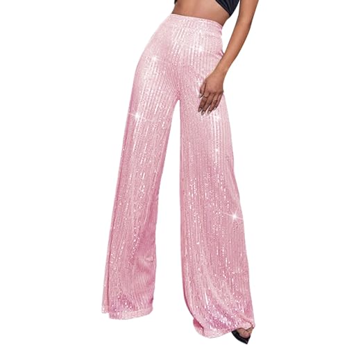 Womens Wide Leg Pants Elastic High Waist Sequin Sparkly Dance Pants Baggy Summer Fashion Baggy Palazzo Stretch Trousers Pink2