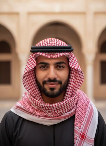 وشاح راس كوفية تقليدي من الشرق الاوسط، نمط مربعات احمر وابيض/ابيض نقي، شريط عقيق اسود قابل للتعديل (احمر، مقاس 57)