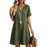Sommerkleid Damen Kurz A Linie Blusenkleid Damen Sommer Elegant Tunika Kleid mit Ärmel Kurzarm Sommerkleider Leicht Kleider mit Knopfleiste Frauen V Ausschnitt Einfarbig Damenkleider