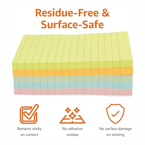 Image of Amazon Basics Rectangular Sticky Notes 4x6 Inch|Lined Sheets | Reusable Adhesive for Lists, Notes, Reminders | Perfect for Office, School, Home (Pack of 5, 250 Sheets, Assorted Colors)
