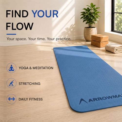 Image of Arrowmax 4mm Yoga Mat with Carry Cover for Men & Women, Anti-Skid Exercise Mat for Yoga, Pilates, Meditation, Stretching & Home Workout, Lightweight Portable Fitness Mat (BLUE)