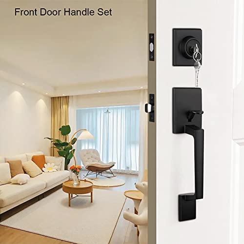 Allywasai Front Door Handle And Deadbolt Set, Entry Door Handle And Lock Set With Reversible Handle Lever (L/R), Adjustable Hole Spacing, Black #TOP1