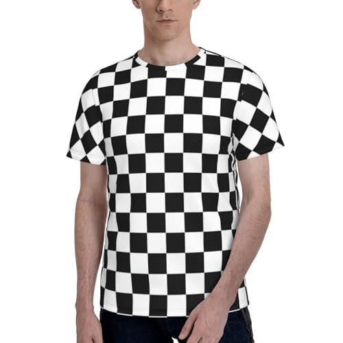 YBGHDAA Camisa de rayas blancas y negras a cuadros, suave, elástica, para uso diario, camiseta con estampado completo, casual, cómoda, cuello redondo, manga corta, Negro, XL