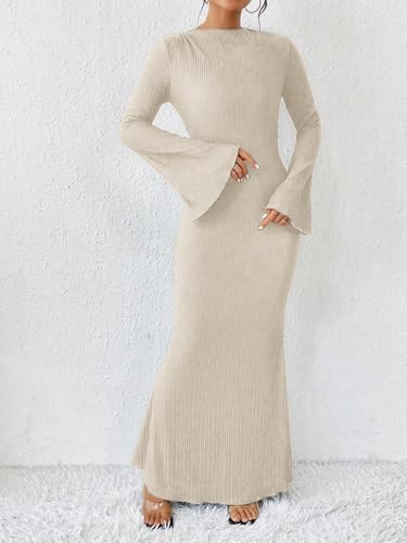 Narecte Fall Dresses for Women 2025 Maxi Dresses Solid Color Boho Dress Flare Sleeve Bodycon Dress2