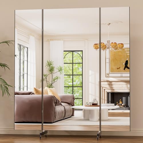 brisafe 67"x63" Folding Mirror with Wheels, 3-Panel Full Length Wall Mirror, Space-Saving Design, Shatterproof Nano Material, Portable Floor Mirror for Gym, Dance Studio, Home, Commercial Use, Black
