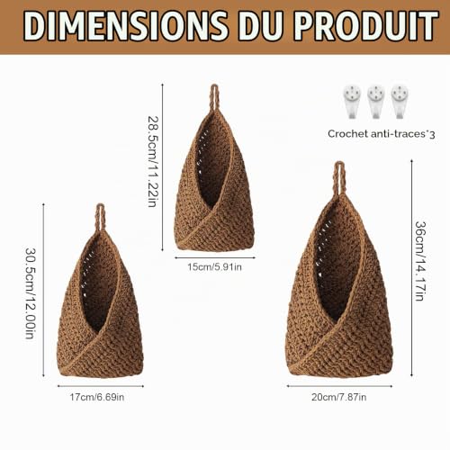Macramé à Suspendre Corbeille a Fruit, Panier Fruit Basket 3 Pièces avec 3 Clou Invisible Panier de Rangement en Coton, Corbeilles à Fruits Mural, Idéal pour Décoration Cuisine, Salon – vue 2
