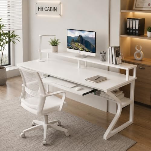 Image of TEKAVO Plik Computer Table for Home Pc | Office Table for Home | Shelf, Moniter Riser & Keyboard Tray, Laptop Table, Worktable, Study Table, Workstation | Whitewood, Metal, (150 Cm x 60 Cm) DIY