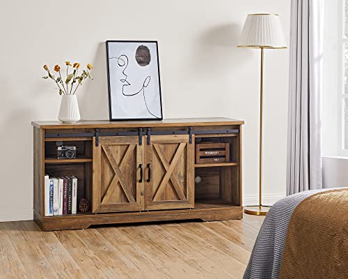 Amerlife Tv Stand Sliding Barn Door Farmhouse Wood Entertainment Center, Storage Cabinet Table Living Room With Adjustable Shelves For Tvs Up To 65", Reclaimed Barnwood #TOP6