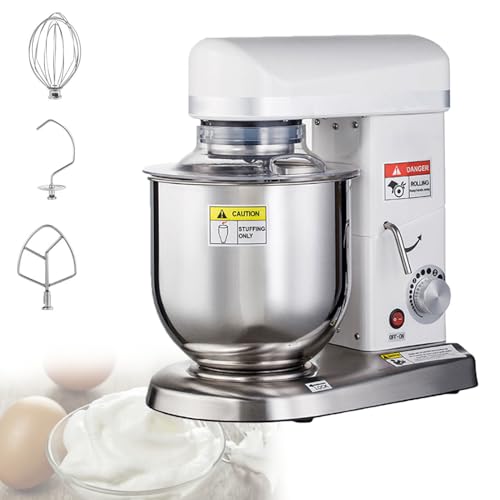 Zowdrix Batidora Comercial De 500W, Bol De Acero Inoxidable con Capacidad para 10L, 3 Velocidades, Incluye Gancho Amasador, Batidor Y Varillas, Batidora EléCtrica para PanaderíAs Y PizzeríAs White-5L