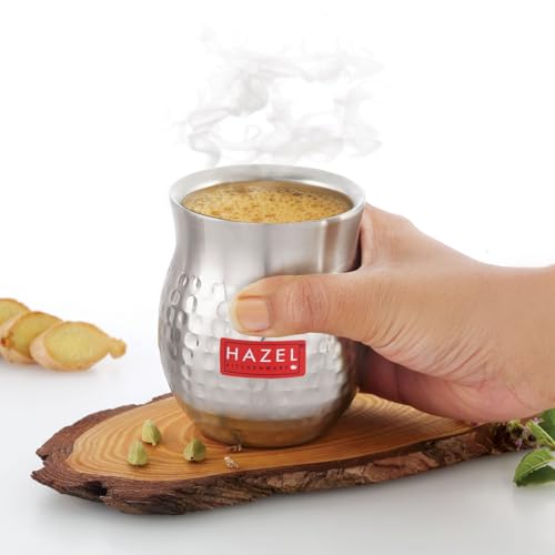 Image of HAZEL Double Wall Stainless Steel Kullad Set of 2 | Hammered Finish Tea & Coffee Cups | 150 ML | 6 cm Diameter