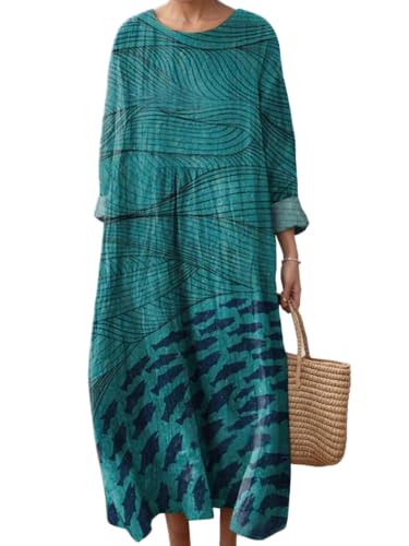 Women’s Plus Size Floral Linen V Neck Dress Fall Boho Maxi Long Sleeve Casual Beach Vacation Long Tunic Dress with Pocket