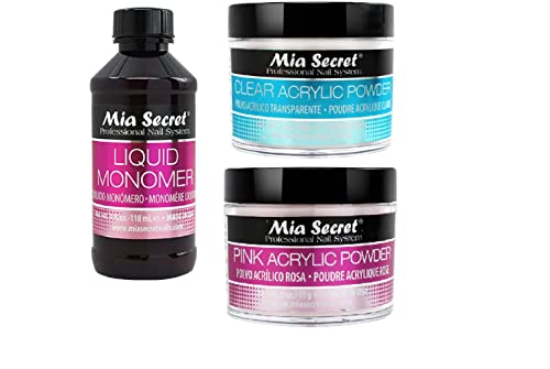 MIA SECRET LIQUID MONOMER 4oz + 2oz Acrylic Powder Pink & 2 oz Clear - Made in USA