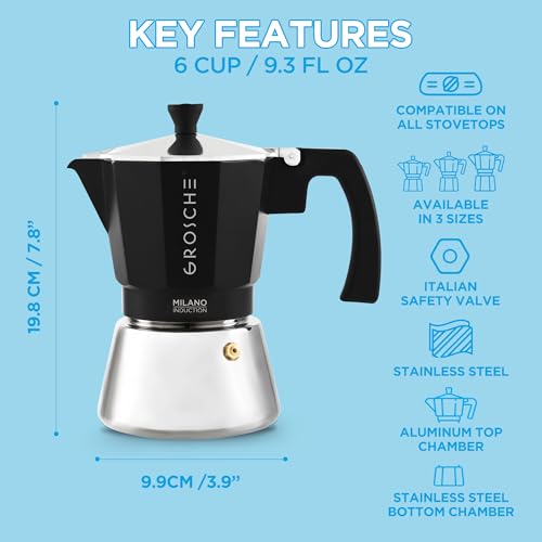 Image of GROSCHE Milano Induction Stovetop Espresso Maker Moka Pot for Greca, Induction, Electric & Gas Stoves, Dishwasher Safe Stovetop Espresso Maker | 6 Espresso Cup, Black