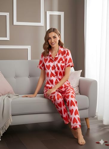 Image of Women's Lycra Heart Printed Night Suit Set of Shirt & Pajama Set Women Night Wear Set,Night Dress for Woman