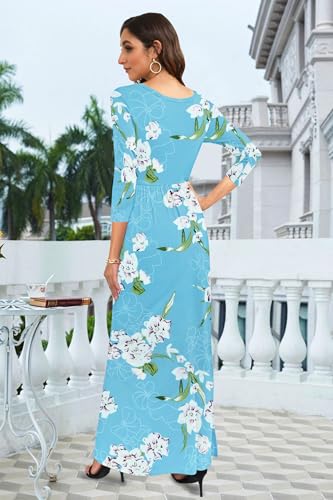 Image of WNEEDU Women's 3 /4 Sleeve Casual Loose Long Maxi Dresses with Pocket