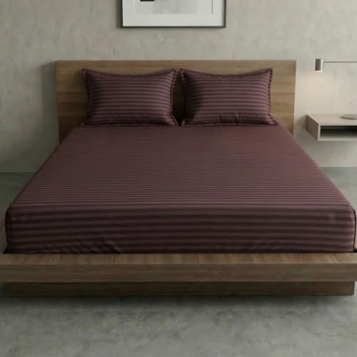Image of Home Sizzler Microfibre Brown Satin Stripe Double Bedsheet with 2 King Size Pillow Covers