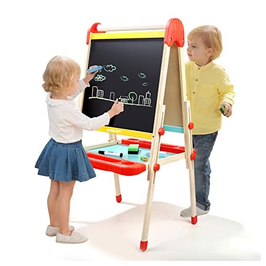 TOP BRIGHT Wooden Art Easel for Kids, Toddler Easel Adjustable with Paper Roll, Child Easel with Magnetic Chalkboard