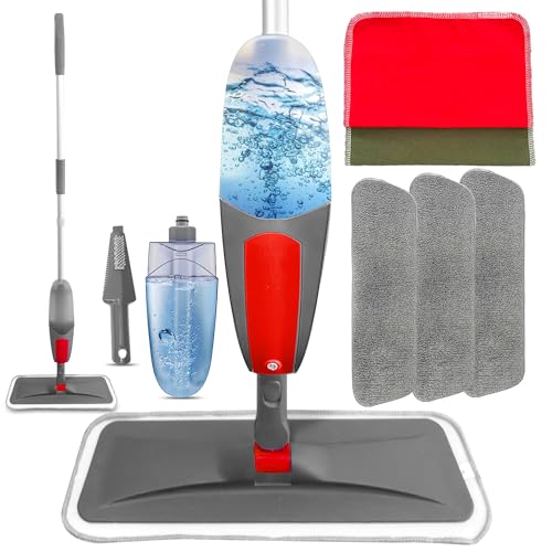 Microfiber Spray Mops for Cleaning Floor - Hardwood Floor Mop 360°Rotatable 3x Reusable Pads, 550ML Refillable Bottle, 1 Scrubber & 2 Reusable Cotton Towels- Wet Dry Dust Mop for Laminate, Tile, Wood
