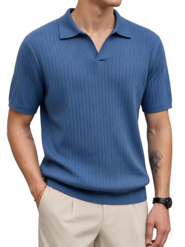 Image of Veirdo Men's Casual Ribbed Polo Collar Knit T-Shirt | Regular Fit Half Sleeve Polo for Men | Flat Knit Textured T-Shirt Perfect for Office, Party, Travel
