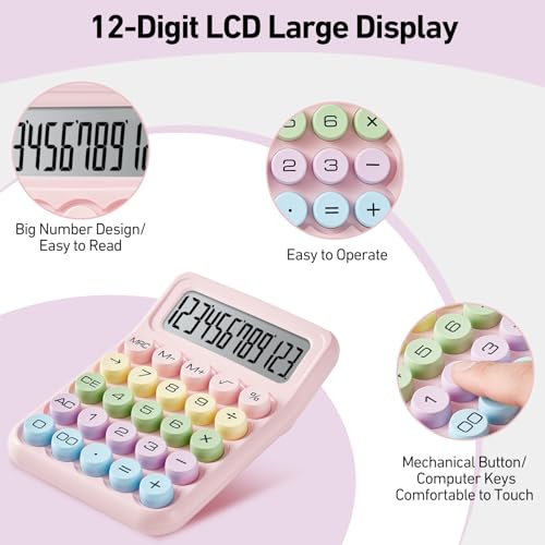 Image of Mechanical Calculator, Cute Pink Desk Calculator, Large Buttons