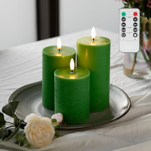 Image of LUSHARBOR LUSHABOR Green Flameless Candles, Battery Operated Candles for St. Patrick's Day, Real Wax LED Fake Candles for Spring Decor Party Centerpiece Green Set of 3