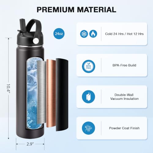 Image of SENDESTAR Insulated Water Bottle 24 OZ, Wide Mouth 24 oz Water Bottle with Straw Lid, Spout Lid, Double Wall Vacuum Stainless Steel Leak Proof, Keeps Liquids Hot or Cold (Black)