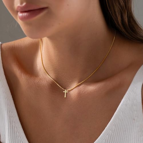 Gold Cross Necklace for Women, Trendy 14K Gold Plated Charm Box Chain Choker Dainty, Christian Religious Faith Small Cross Pendant Necklace Non Tarnish4