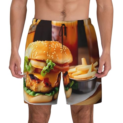 Men's Chicken Leg Burger Drink Print Quick-Dry Mesh Swim Trunks Stretch Lining Beach Shorts Surfing Summer Vacations2