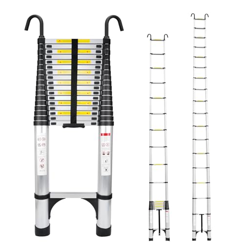 Telescoping Ladder 26.2FT Aluminum Lightweight Extension Ladder with Hooks 330 Lbs Heavy Duty Non-Slip Feet Folding Ladder Multi-Purpose Collapsible for Home RV Attic Outdoor Use (26.2 FT with Hooks)