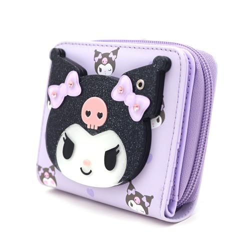 Cute Cartoon Kuromi-Rabbit Secret Mirror Lovely Violet Bifold Zip Around Vegan Leather Wallet with Cards Coin Bill Holder, Officially Licensed Character Design3