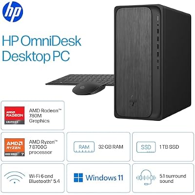 HP OmniDesk (Next-gen Envy) Tower Desktop Computer, AMD Ryzen 7 8700G, 32GB DDR5, 3TB Storage(2TB SSD+1TB HDD), WiFi 6, Bluetooth 5.4, Dual 4K Support, Radeon 740M Graphics
