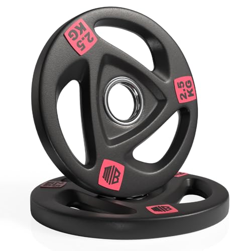 ManiBoom Discos Pesas Hierro ENGOMADO 30mm y 50mm Olimpica de Diámetro con Anillo Interior de Acero y Triple Agarre ERGONOMICO - Disco para Barra o Mancuernas de 2,5kg, 5kg, 10kg, 15kg, 20kg